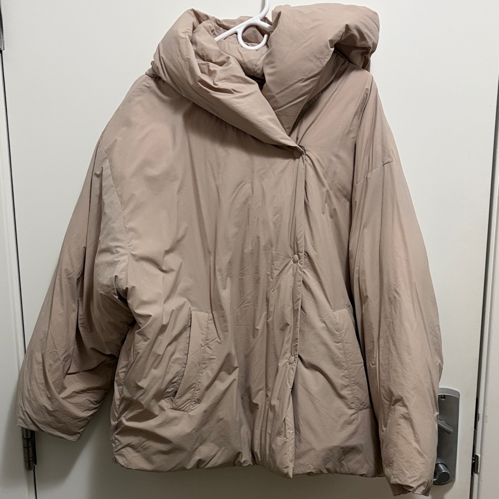 Free People Oversized Taupe Puffer Jacket with Hood